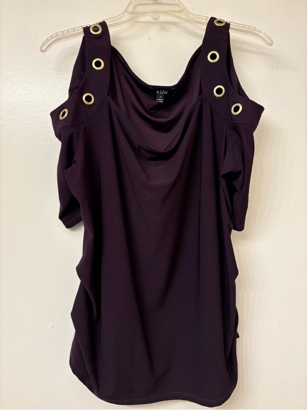 AUW Dark Burgundy Cold-Shoulder Grommet Detail Women's Top